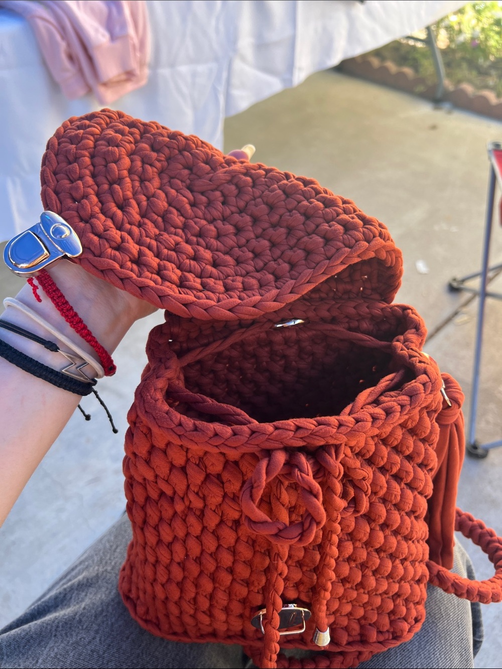 Handmade Rust Crochet Drawstring Backpack - Picture 3 of 3